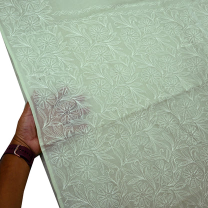 Indian Vintage Sari Cotton Green Handmade Chikankari Saree Craft Fabric 5Yd Ethnic Floral Dress making Crafting Quilting Upcycle Sarong