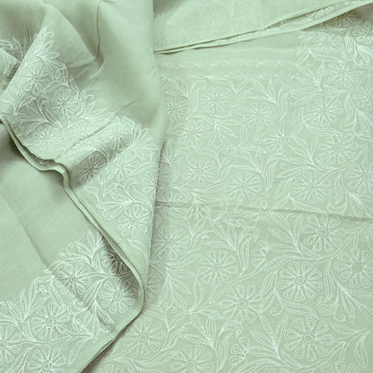 Indian Vintage Sari Cotton Green Handmade Chikankari Saree Craft Fabric 5Yd Ethnic Floral Dress making Crafting Quilting Upcycle Sarong