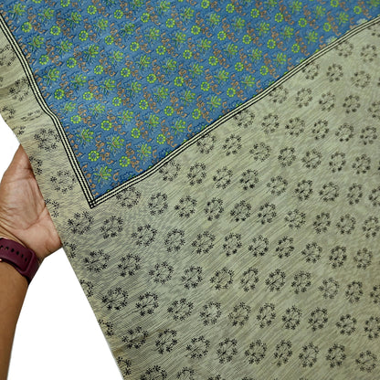 Indian Vintage Sari Ivory & Blue Pure Crepe Silk Printed Sarees 5yard Sewing Floral Soft Craft Fabric Wrap