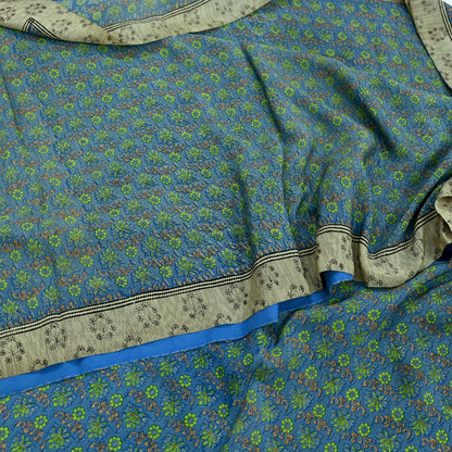 Indian Vintage Sari Ivory & Blue Pure Crepe Silk Printed Sarees 5yard Sewing Floral Soft Craft Fabric Wrap