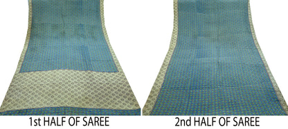 Indian Vintage Sari Ivory & Blue Pure Crepe Silk Printed Sarees 5yard Sewing Floral Soft Craft Fabric Wrap