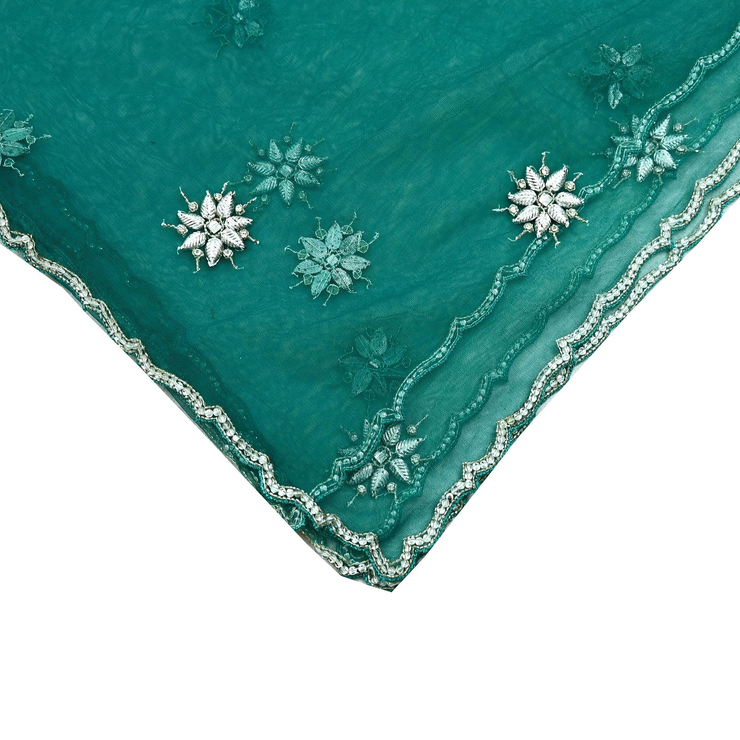 Indian Vintage Green Dupatta Net Mesh Long Stole Hand Embroidered Scarves Glass Beaded Sequins Hijab Veil wrap Boho