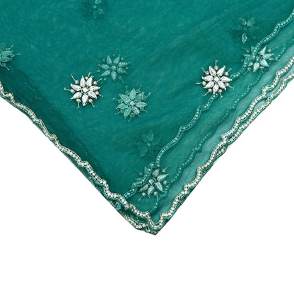 Indian Vintage Green Dupatta Net Mesh Long Stole Hand Embroidered Scarves Glass Beaded Sequins Hijab Veil wrap Boho