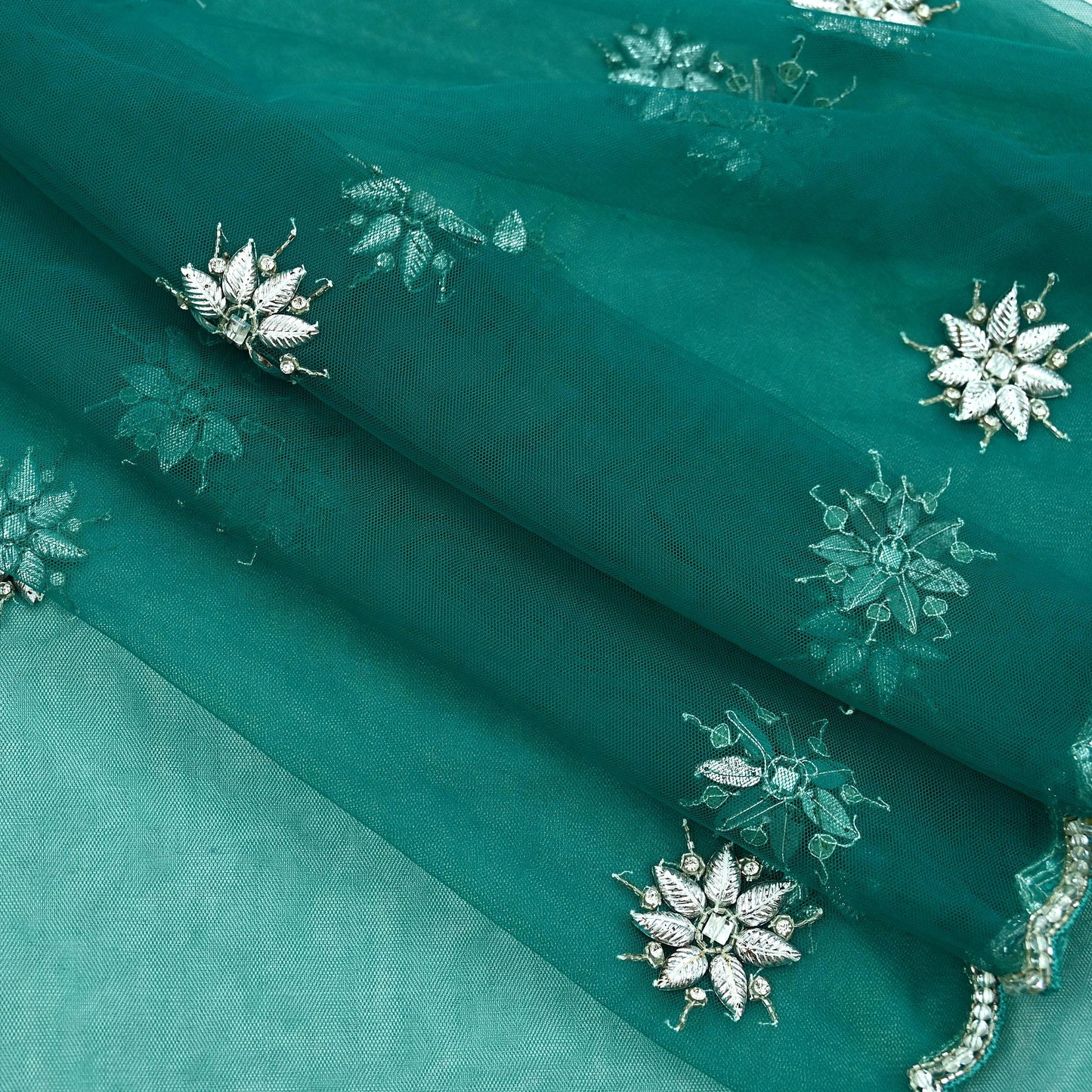 Indian Vintage Green Dupatta Net Mesh Long Stole Hand Embroidered Scarves Glass Beaded Sequins Hijab Veil wrap Boho