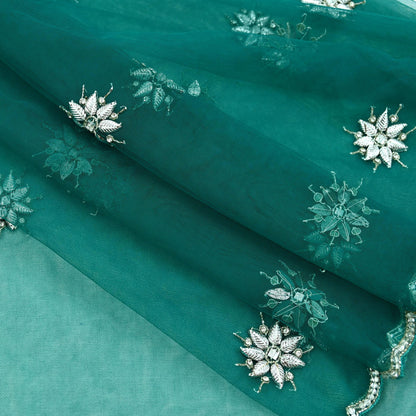 Indian Vintage Green Dupatta Net Mesh Long Stole Hand Embroidered Scarves Glass Beaded Sequins Hijab Veil wrap Boho