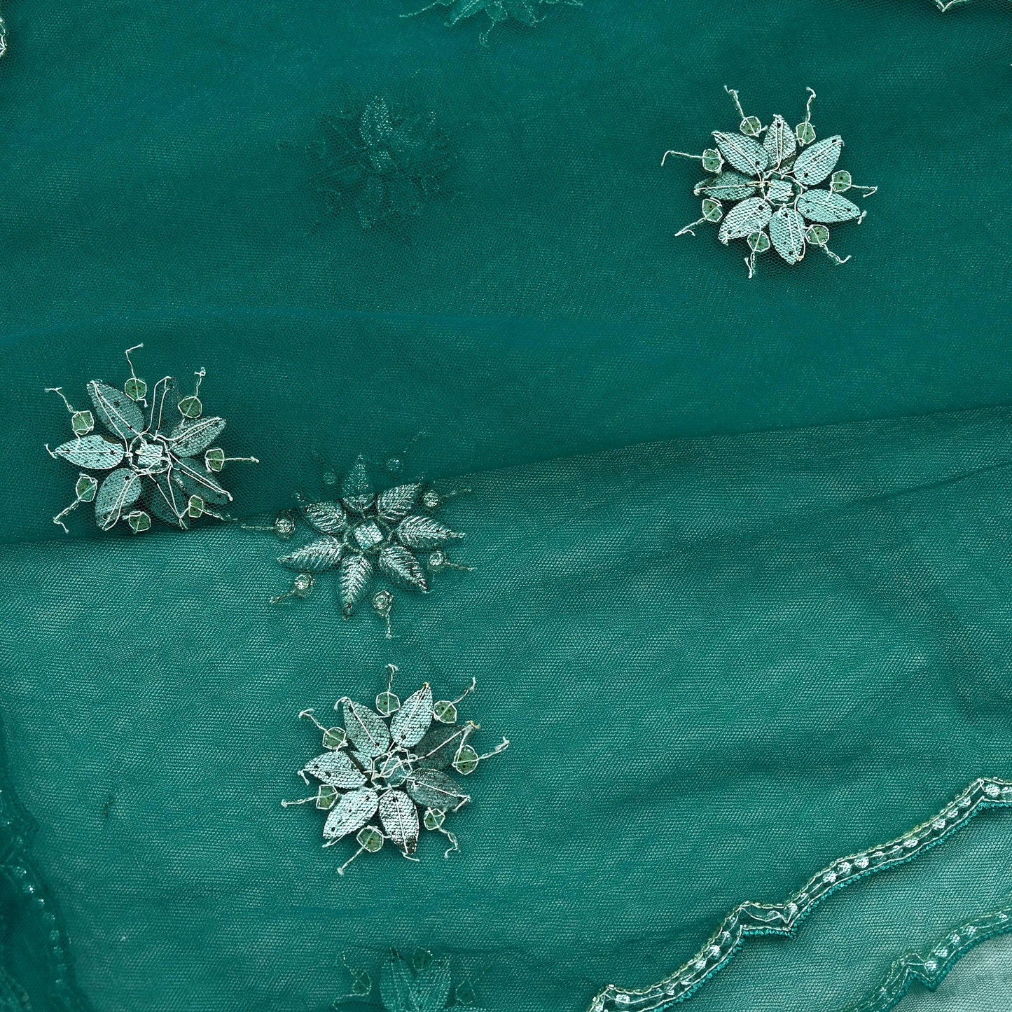 Indian Vintage Green Dupatta Net Mesh Long Stole Hand Embroidered Scarves Glass Beaded Sequins Hijab Veil wrap Boho