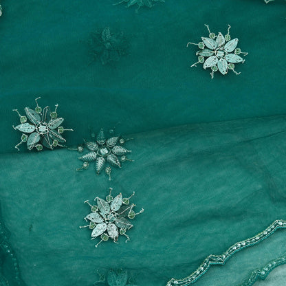 Indian Vintage Green Dupatta Net Mesh Long Stole Hand Embroidered Scarves Glass Beaded Sequins Hijab Veil wrap Boho