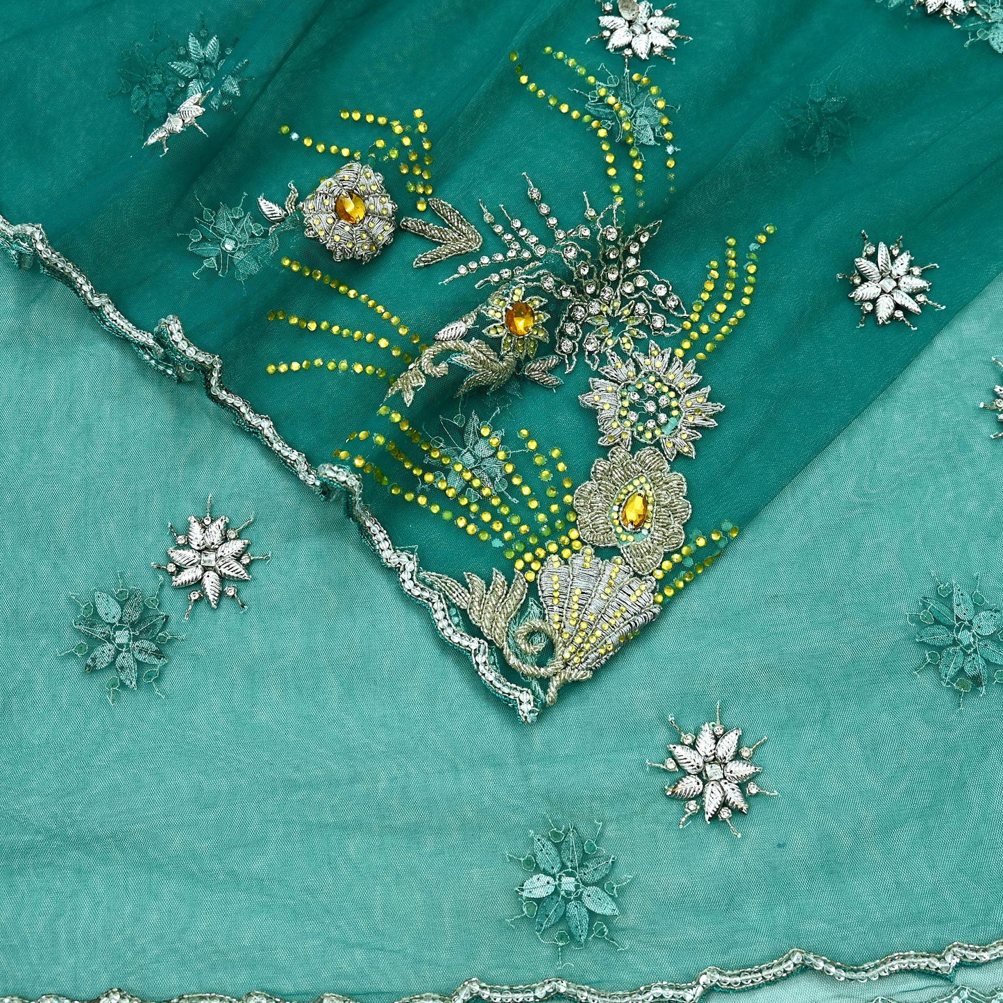 Indian Vintage Green Dupatta Net Mesh Long Stole Hand Embroidered Scarves Glass Beaded Sequins Hijab Veil wrap Boho