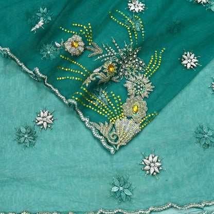 Indian Vintage Green Dupatta Net Mesh Long Stole Hand Embroidered Scarves Glass Beaded Sequins Hijab Veil wrap Boho