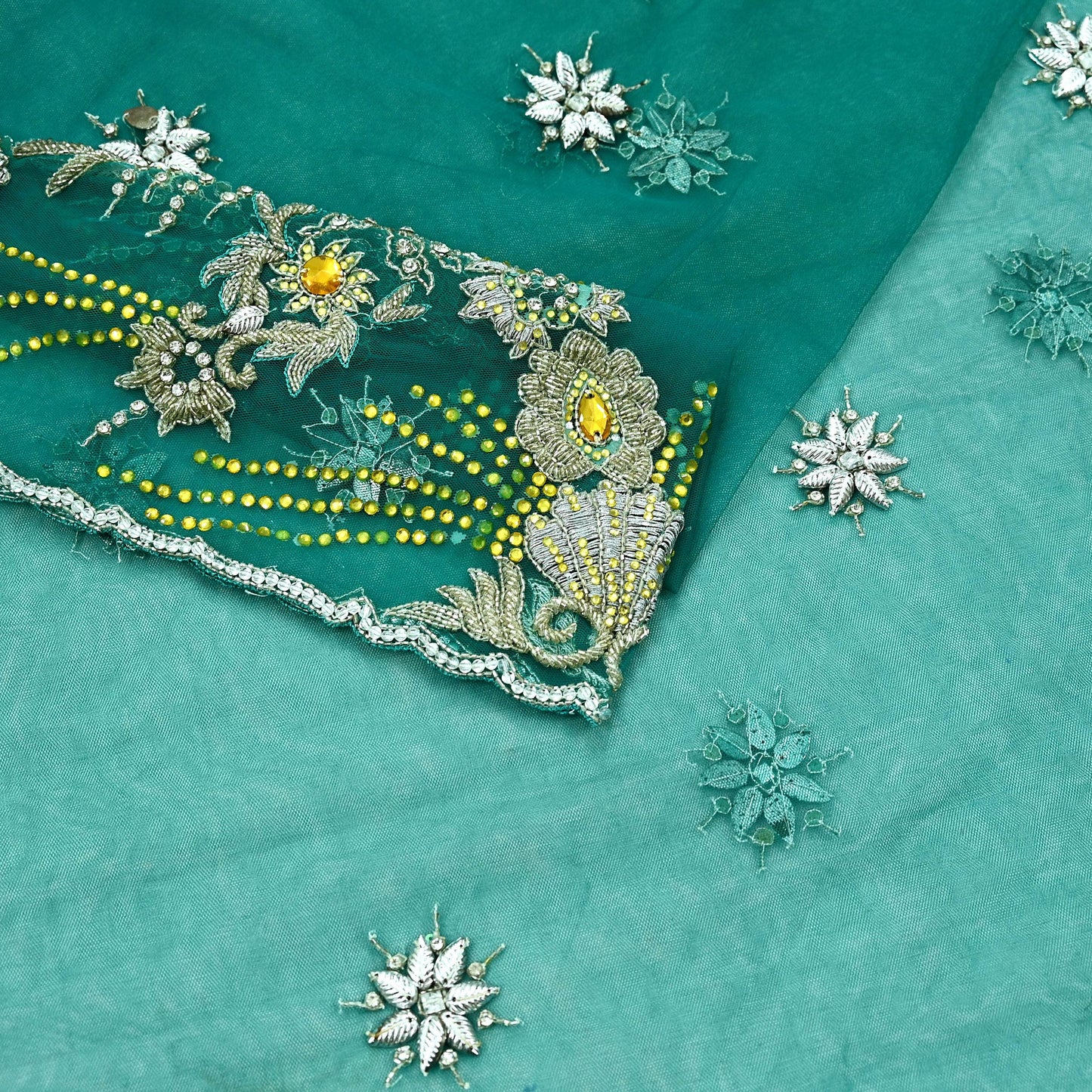 Indian Vintage Green Dupatta Net Mesh Long Stole Hand Embroidered Scarves Glass Beaded Sequins Hijab Veil wrap Boho
