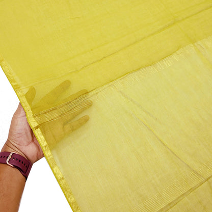 Indian Vintage Dupatta Lemon Green Long Stole Printed Woven Pure Cotton Scarves Veil Golden Zari Soft Stripes Design