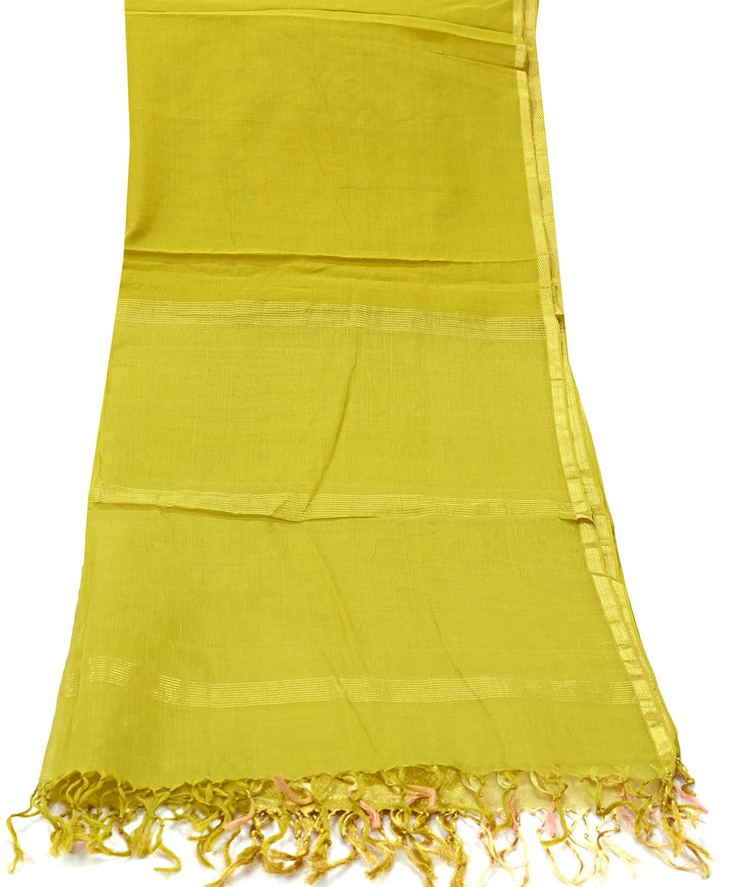 Indian Vintage Dupatta Lemon Green Long Stole Printed Woven Pure Cotton Scarves Veil Golden Zari Soft Stripes Design