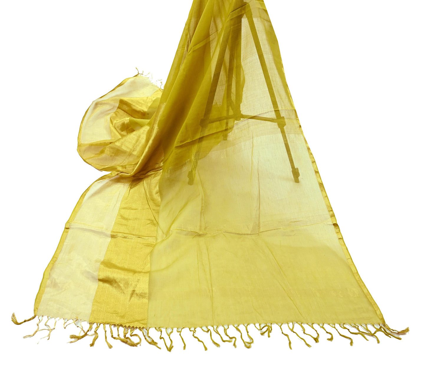 Indian Vintage Dupatta Lemon Green Long Stole Printed Woven Pure Cotton Scarves Veil Golden Zari Soft Stripes Design