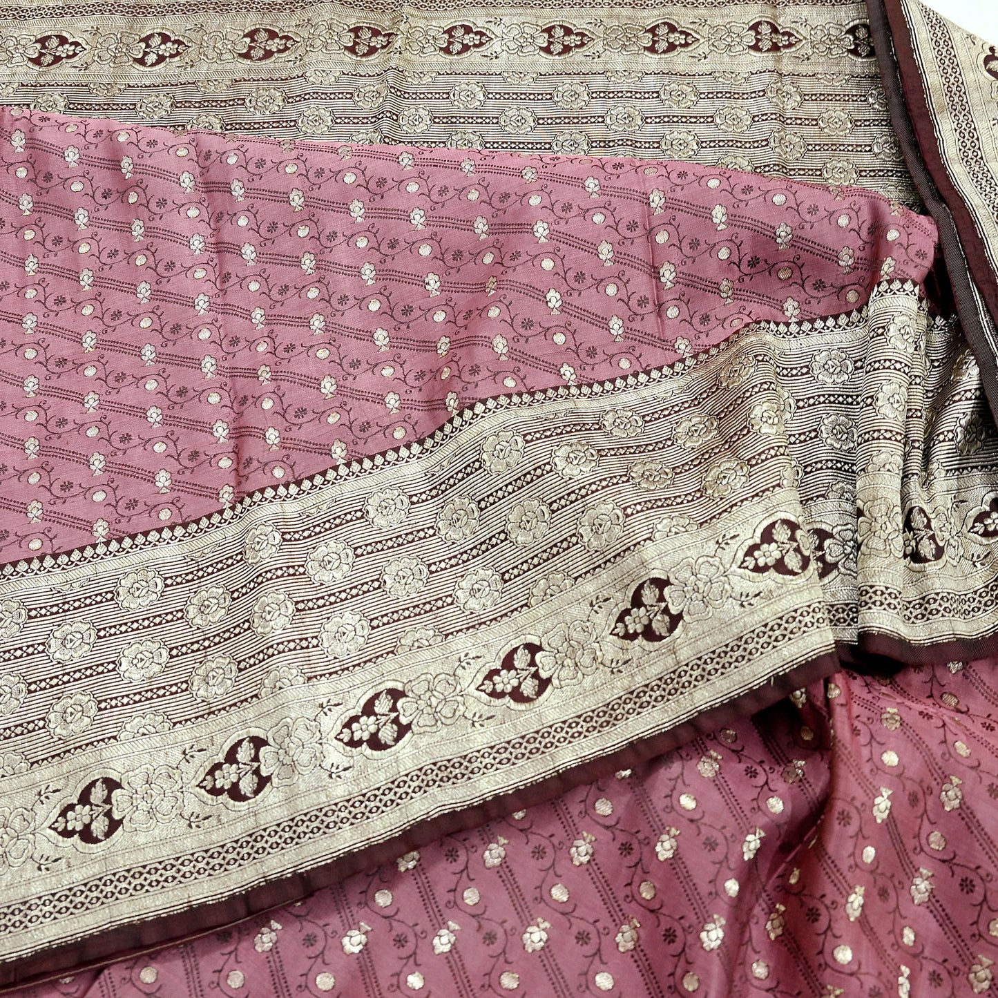 Indian Vintage Sari Heavy Wedding Pink & Brown Pure Satin Silk Woven Brocade Banarasi Sarees Silver Zari 5Yd Dress making Crafting Upcycle