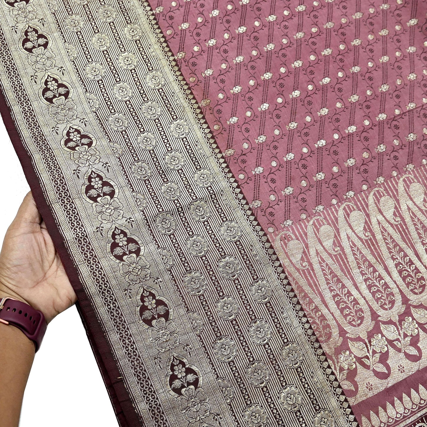 Indian Vintage Sari Heavy Wedding Pink & Brown Pure Satin Silk Woven Brocade Banarasi Sarees Silver Zari 5Yd Dress making Crafting Upcycle