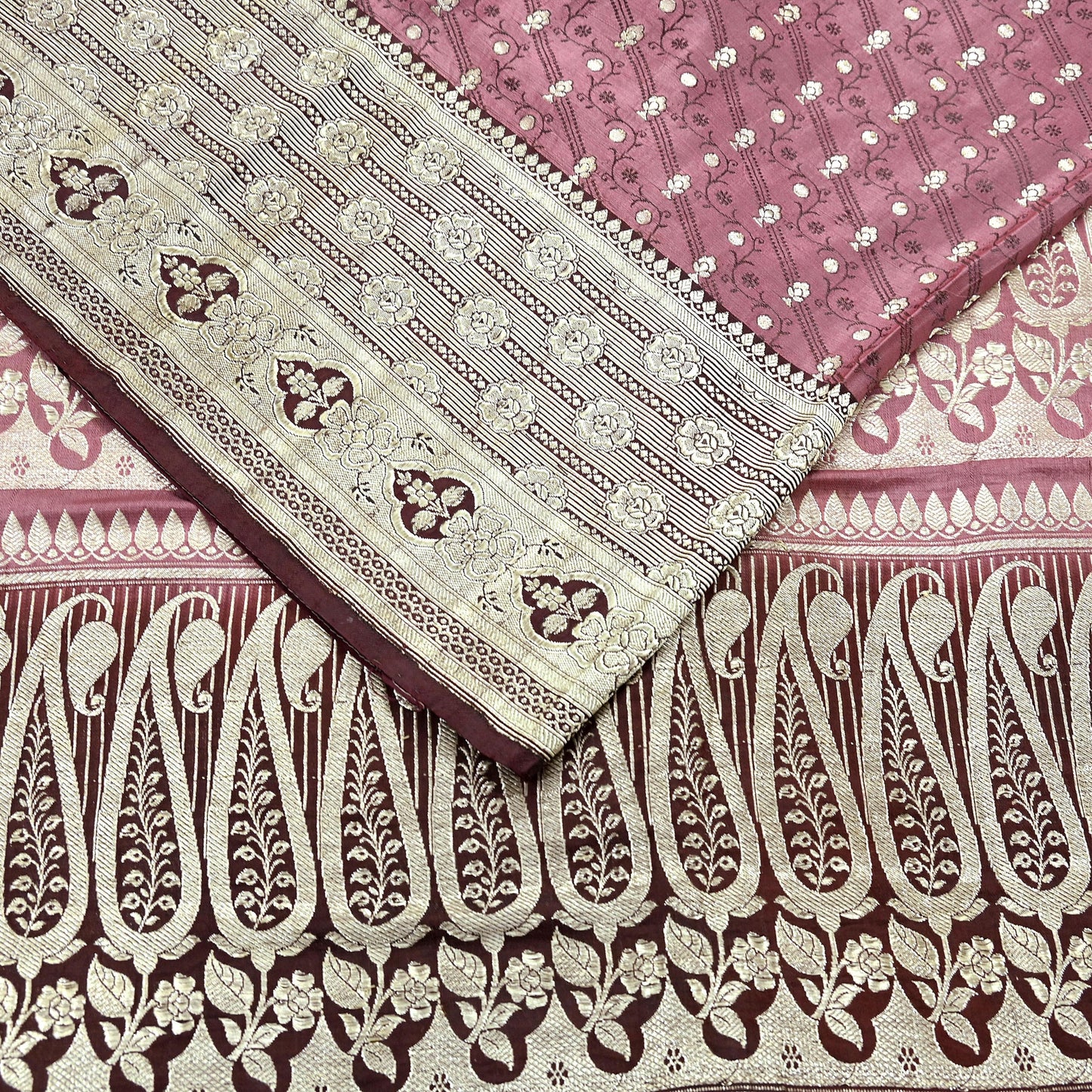 Indian Vintage Sari Heavy Wedding Pink & Brown Pure Satin Silk Woven Brocade Banarasi Sarees Silver Zari 5Yd Dress making Crafting Upcycle
