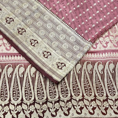 Indian Vintage Sari Heavy Wedding Pink & Brown Pure Satin Silk Woven Brocade Banarasi Sarees Silver Zari 5Yd Dress making Crafting Upcycle