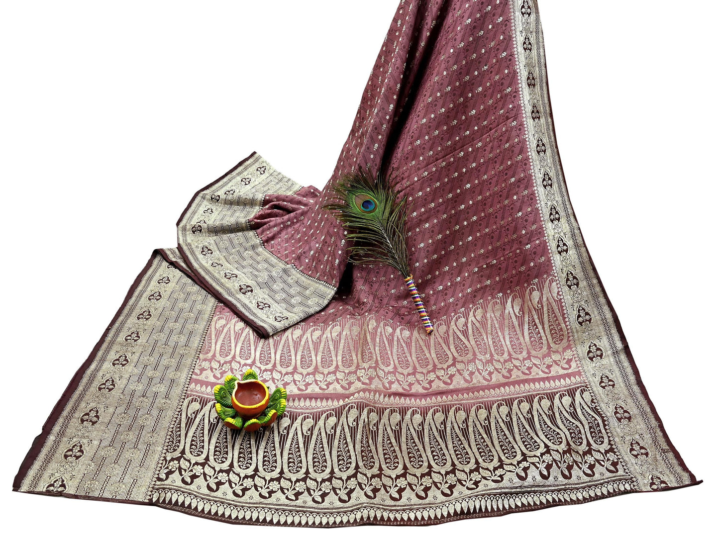 Indian Vintage Sari Heavy Wedding Pink & Brown Pure Satin Silk Woven Brocade Banarasi Sarees Silver Zari 5Yd Dress making Crafting Upcycle