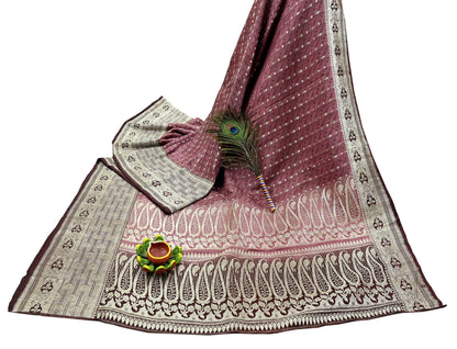 Indian Vintage Sari Heavy Wedding Pink & Brown Pure Satin Silk Woven Brocade Banarasi Sarees Silver Zari 5Yd Dress making Crafting Upcycle