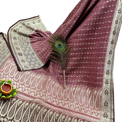 Indian Vintage Sari Heavy Wedding Pink & Brown Pure Satin Silk Woven Brocade Banarasi Sarees Silver Zari 5Yd Dress making Crafting Upcycle
