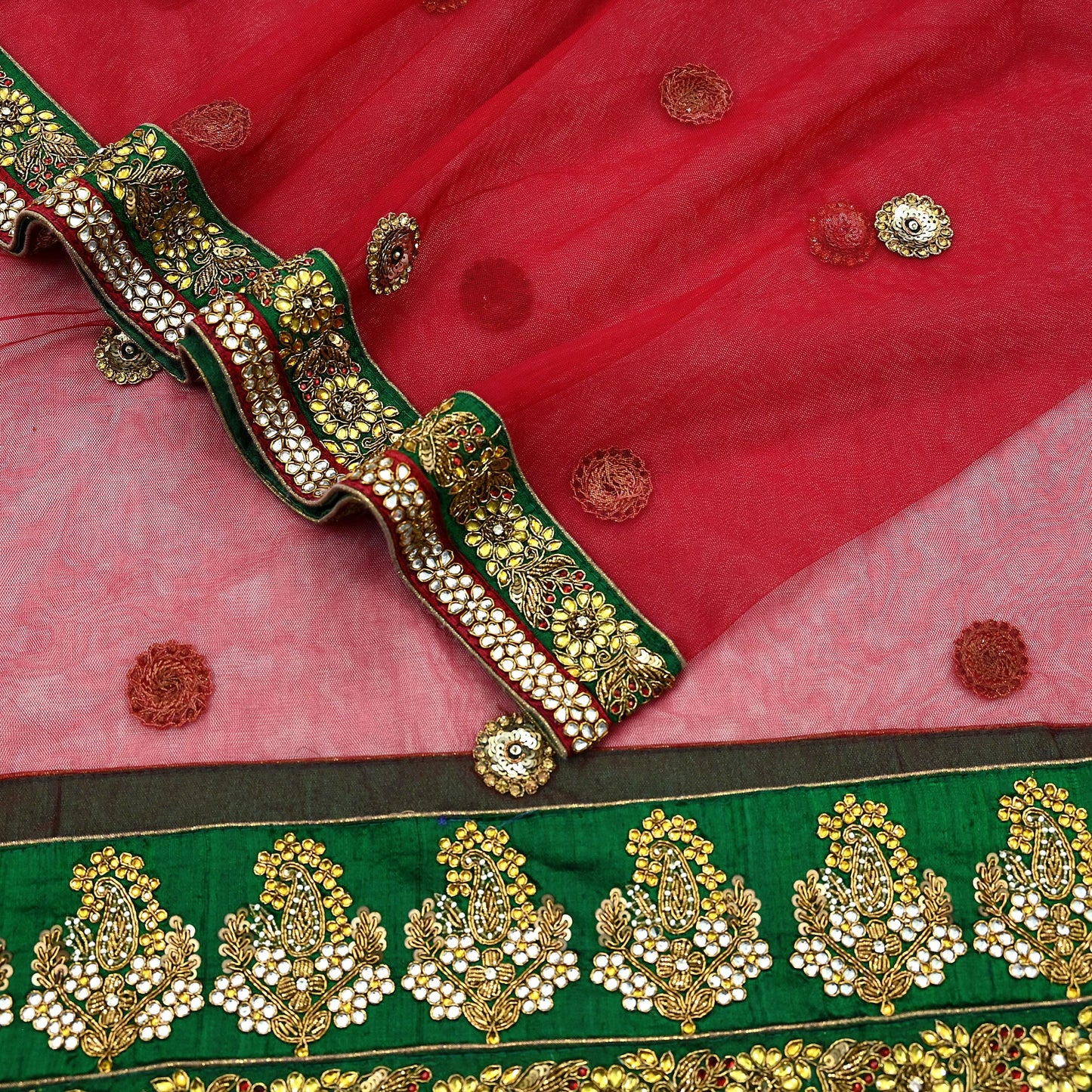 Indian Vintage Heavy Wedding Red Dupatta Net Mesh Long Stole Hand Embroidered Scarves Golden Zardozi Dabka Zari Stole
