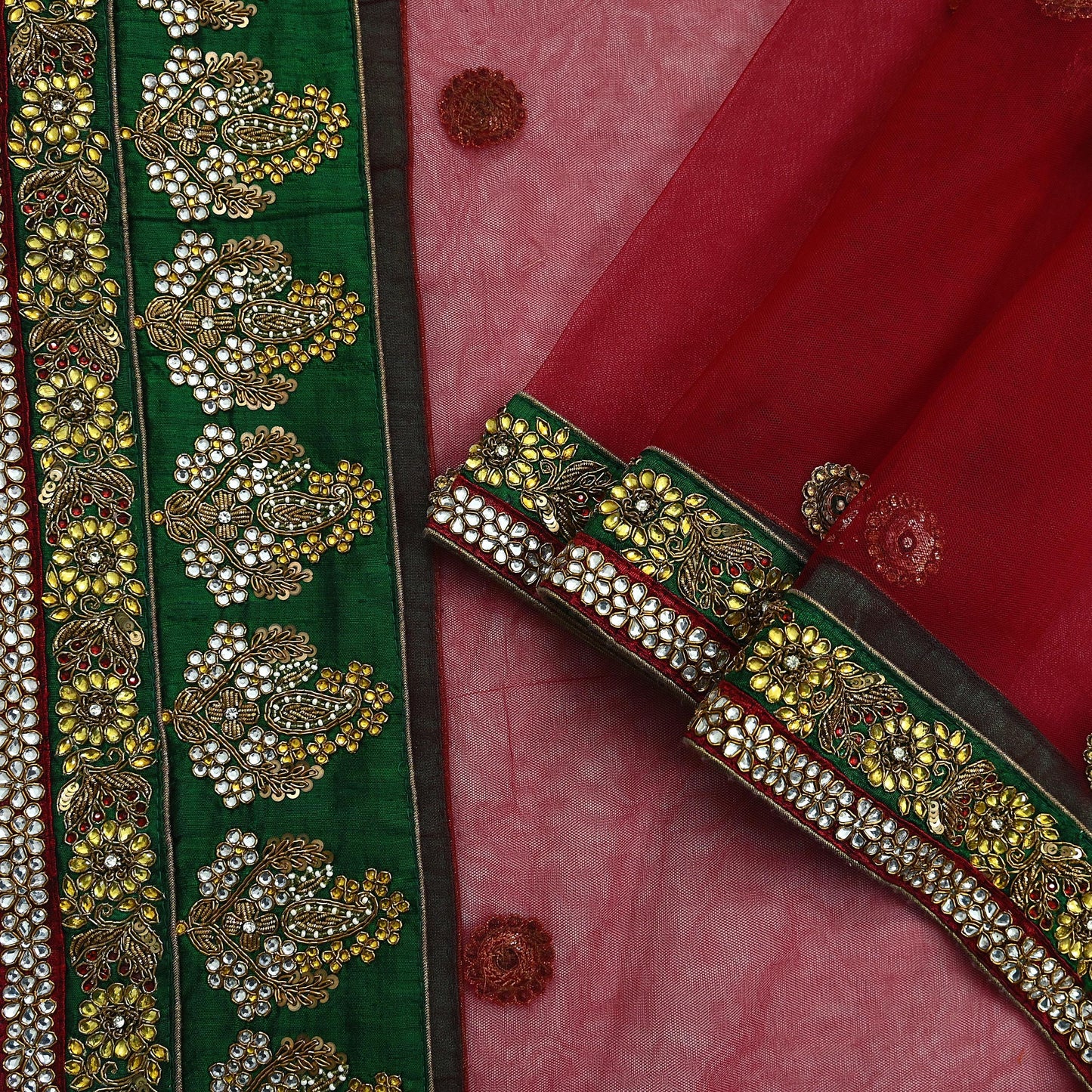 Indian Vintage Heavy Wedding Red Dupatta Net Mesh Long Stole Hand Embroidered Scarves Golden Zardozi Dabka Zari Stole