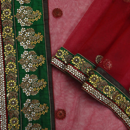 Indian Vintage Heavy Wedding Red Dupatta Net Mesh Long Stole Hand Embroidered Scarves Golden Zardozi Dabka Zari Stole