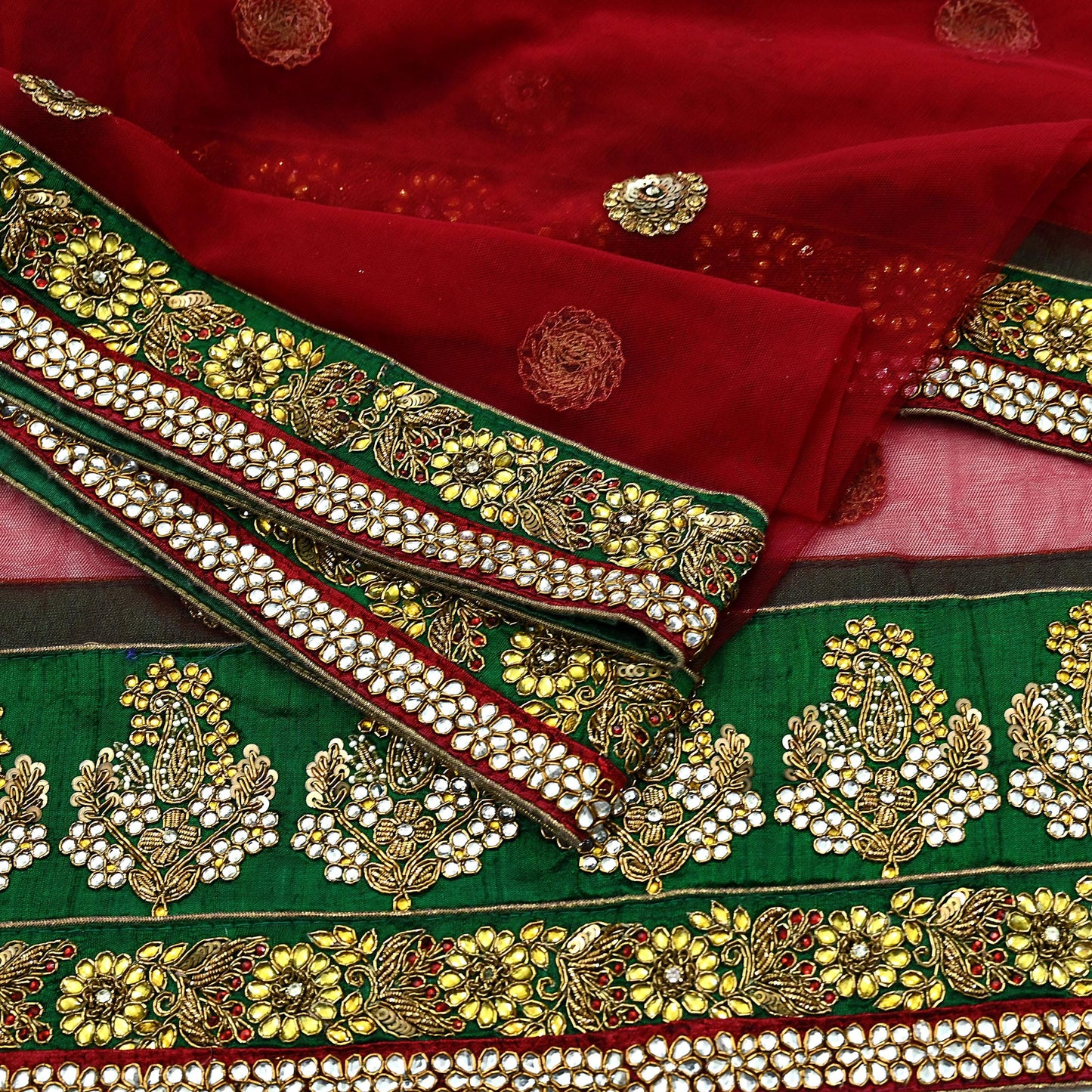 Indian Vintage Heavy Wedding Red Dupatta Net Mesh Long Stole Hand Embroidered Scarves Golden Zardozi Dabka Zari Stole