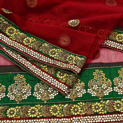 Indian Vintage Heavy Wedding Red Dupatta Net Mesh Long Stole Hand Embroidered Scarves Golden Zardozi Dabka Zari Stole