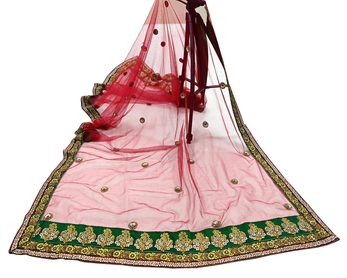 Indian Vintage Heavy Wedding Red Dupatta Net Mesh Long Stole Hand Embroidered Scarves Golden Zardozi Dabka Zari Stole
