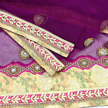 Indian Vintage Heavy Wedding Purple Dupatta Net Mesh Long Stole Hand Embroidered Scarves Golden Zardozi Dabka Zari Stole