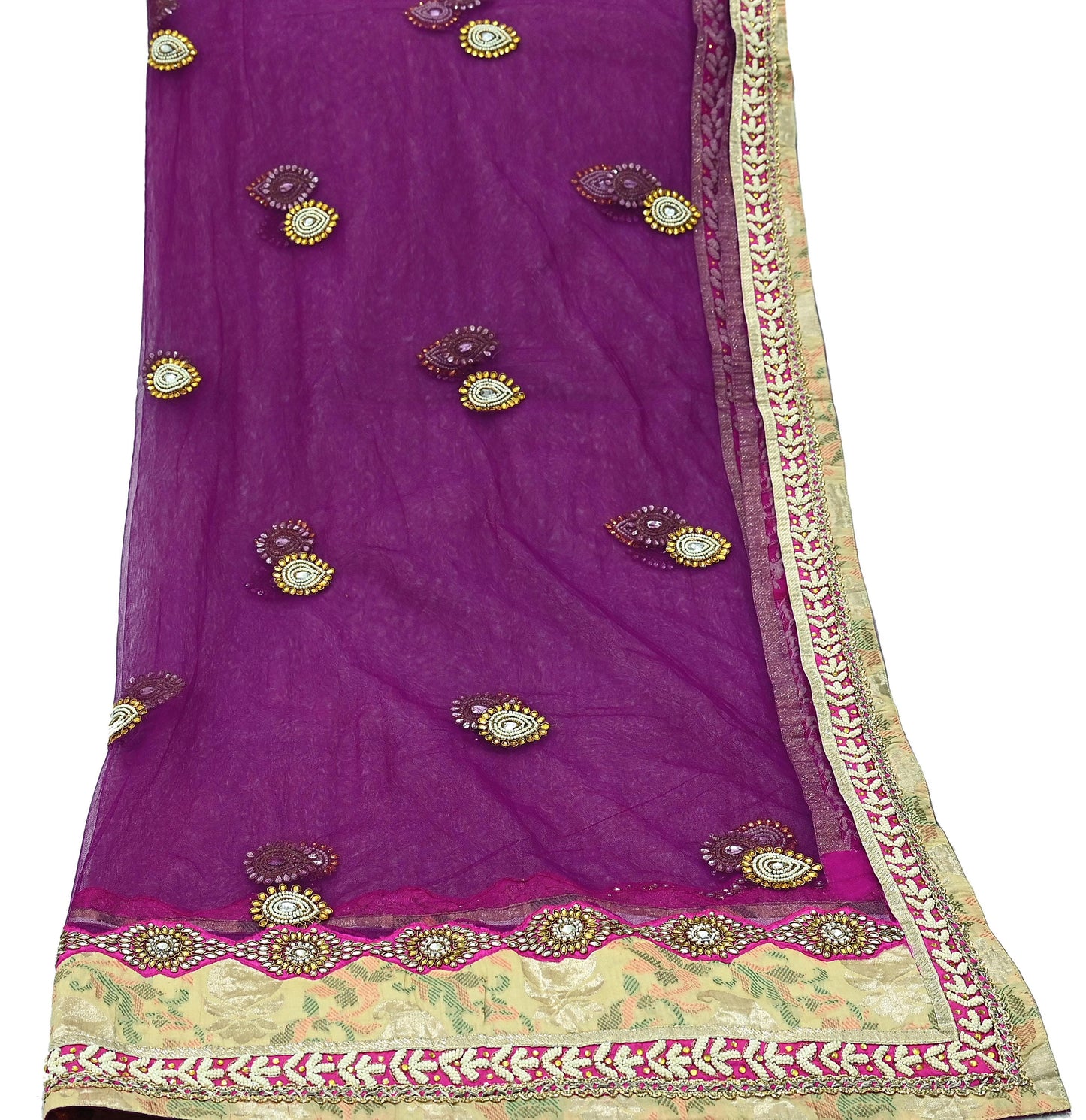 Indian Vintage Heavy Wedding Purple Dupatta Net Mesh Long Stole Hand Embroidered Scarves Golden Zardozi Dabka Zari Stole