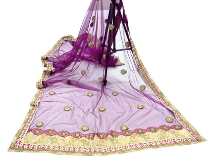 Indian Vintage Heavy Wedding Purple Dupatta Net Mesh Long Stole Hand Embroidered Scarves Golden Zardozi Dabka Zari Stole