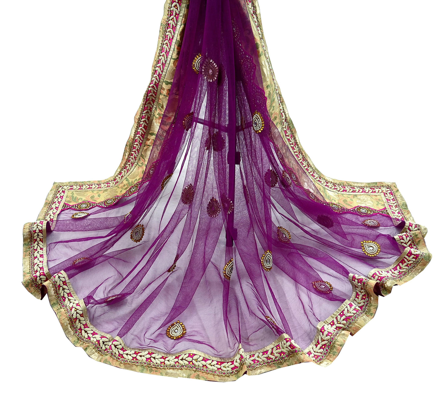 Indian Vintage Heavy Wedding Purple Dupatta Net Mesh Long Stole Hand Embroidered Scarves Golden Zardozi Dabka Zari Stole