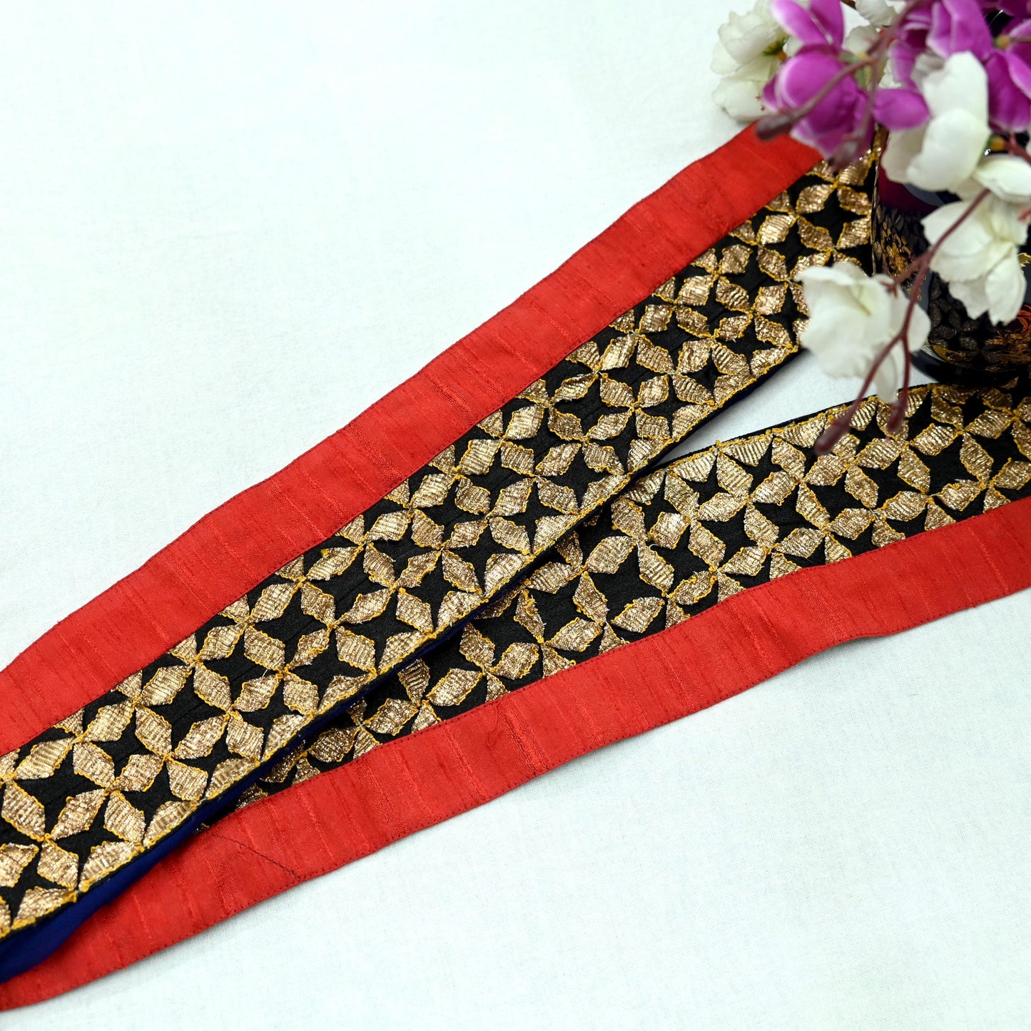 Indian Vintage Red & Black Saree Border Hand Embroidered Gota Patti 1yd Craft Trim Lace Sewing Sari Ribbon chanderi