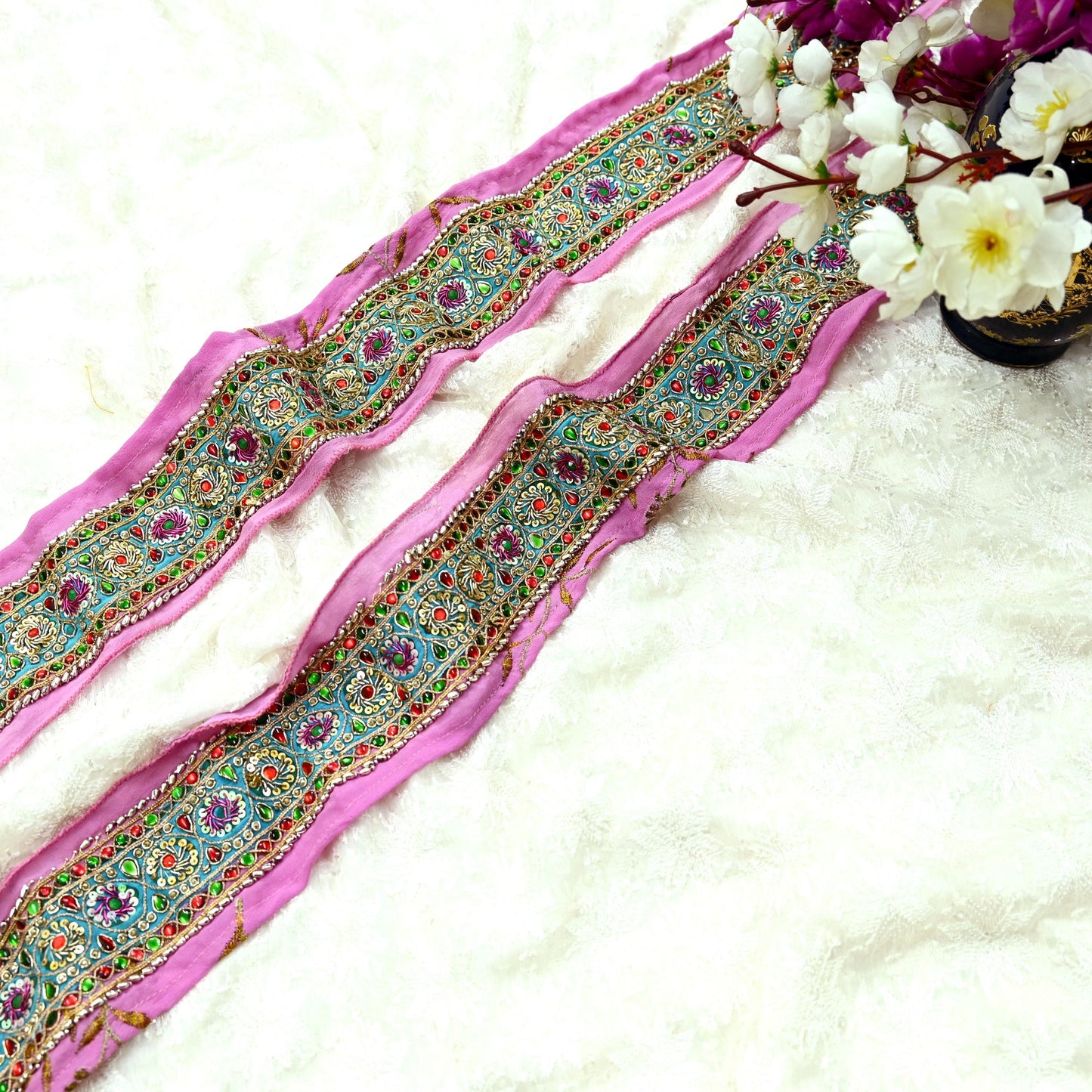 Indian Vintage Pink Sari Border Hand Embroidered Indian Craft Trim Lace Sewing Sari Ribbon Pure Crepe silk  Zardozi/Dabka Zari