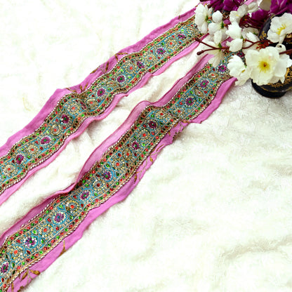 Indian Vintage Pink Sari Border Hand Embroidered Indian Craft Trim Lace Sewing Sari Ribbon Pure Crepe silk  Zardozi/Dabka Zari