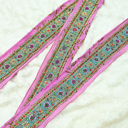 Indian Vintage Pink Sari Border Hand Embroidered Indian Craft Trim Lace Sewing Sari Ribbon Pure Crepe silk  Zardozi/Dabka Zari