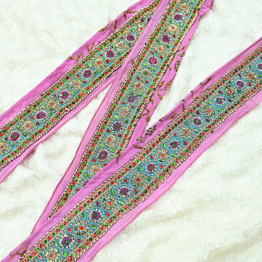 Indian Vintage Pink Sari Border Hand Embroidered Indian Craft Trim Lace Sewing Sari Ribbon Pure Crepe silk  Zardozi/Dabka Zari