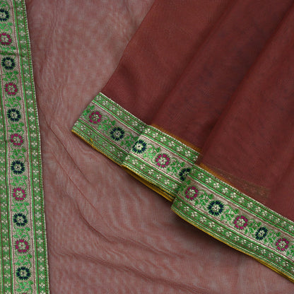 Indian Vintage Brown Dupatta Net Mesh Long Stole Woven Scarves Brocade border work Golden zari