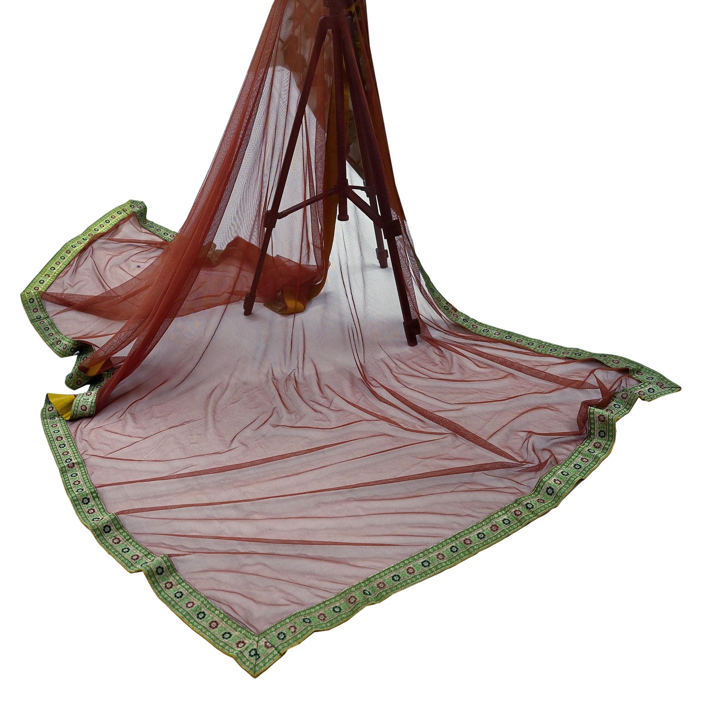 Indian Vintage Brown Dupatta Net Mesh Long Stole Woven Scarves Brocade border work Golden zari