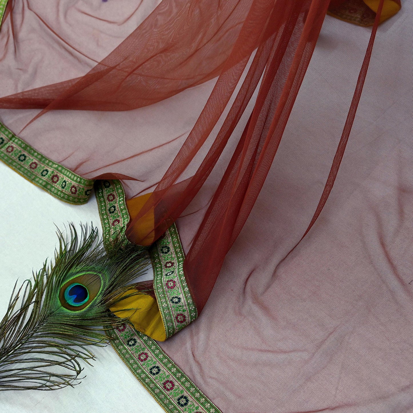 Indian Vintage Brown Dupatta Net Mesh Long Stole Woven Scarves Brocade border work Golden zari