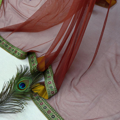 Indian Vintage Brown Dupatta Net Mesh Long Stole Woven Scarves Brocade border work Golden zari