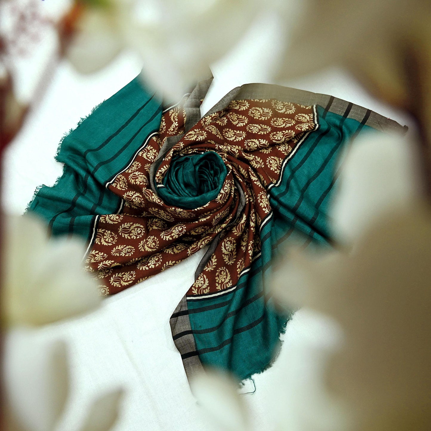 Vintage Green & Brown Long Stole Pure Woolen Scarf Printed Dupatta Infinity Scarves Sarong Wrap Veil Woman Hijab Shawl Fabric