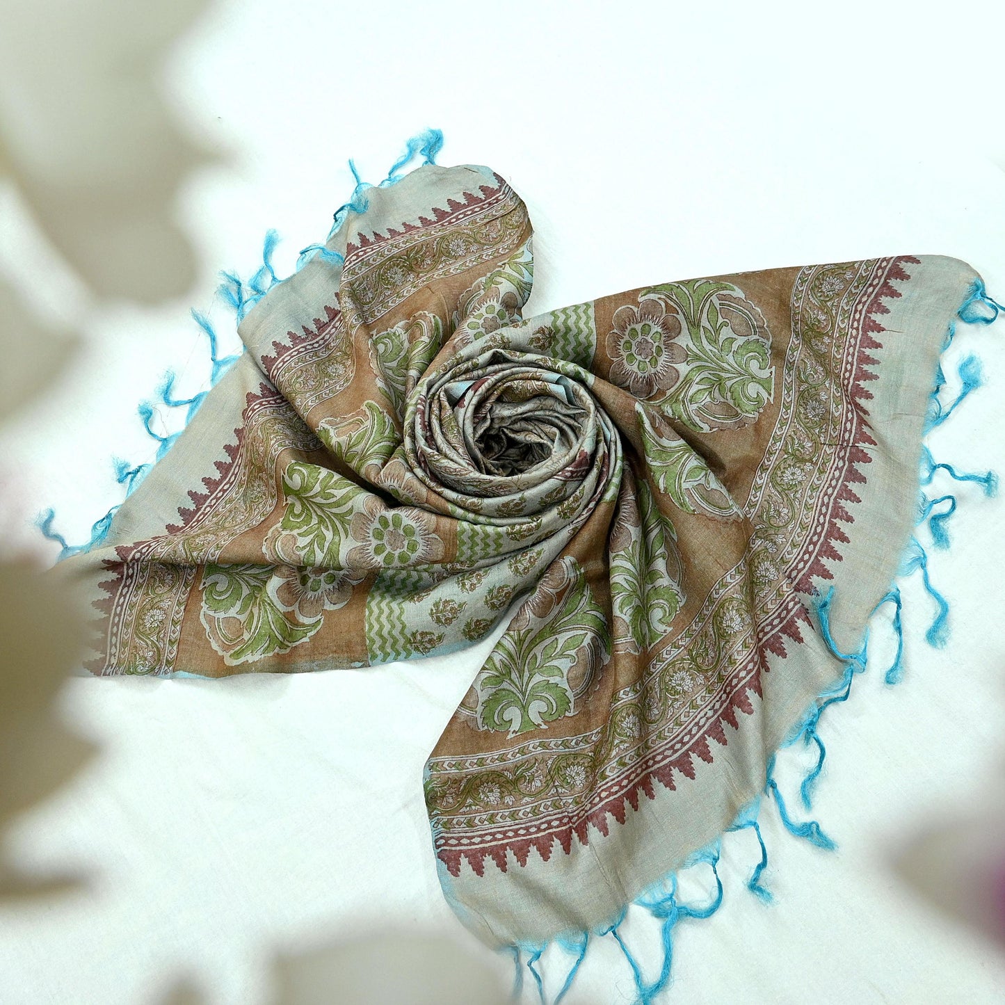 Vintage Brown & Blue Long Stole Pure Woolen Scarf Printed Dupatta Infinity Scarves Sarong Wrap Veil Woman Hijab Shawl Craft