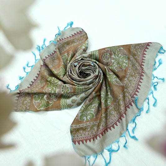 Vintage Brown & Blue Long Stole Pure Woolen Scarf Printed Dupatta Infinity Scarves Sarong Wrap Veil Woman Hijab Shawl Craft