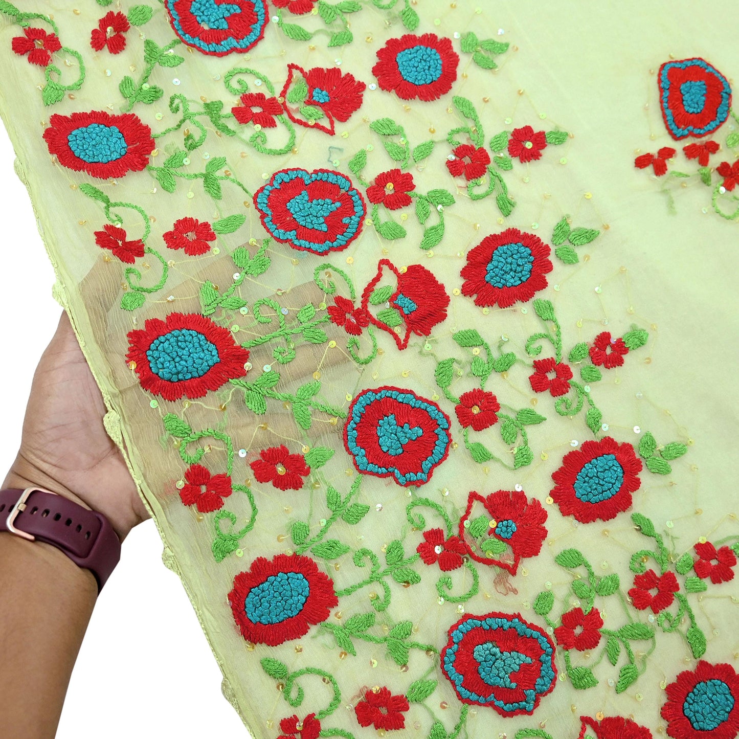 Indian Vintage Green Dupatta Pure Chiffon silk Long Stole Hand Embroidered Scarves Floral Design Stole Veil Wrap Sequins