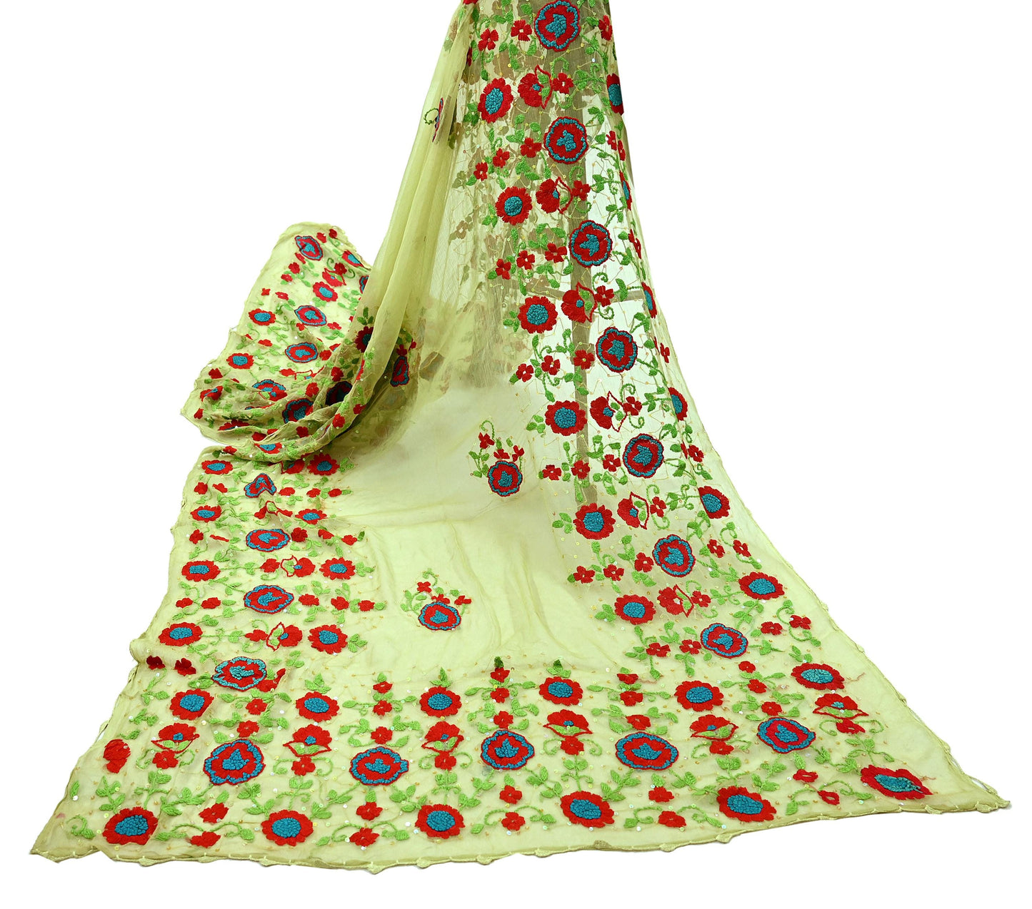 Indian Vintage Green Dupatta Pure Chiffon silk Long Stole Hand Embroidered Scarves Floral Design Stole Veil Wrap Sequins