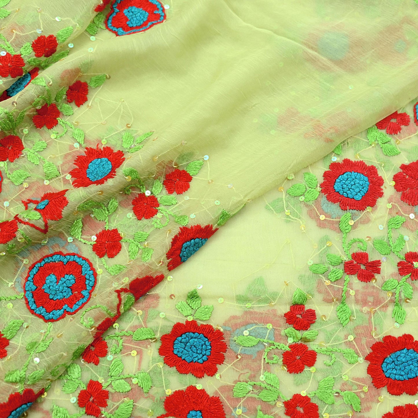Indian Vintage Green Dupatta Pure Chiffon silk Long Stole Hand Embroidered Scarves Floral Design Stole Veil Wrap Sequins