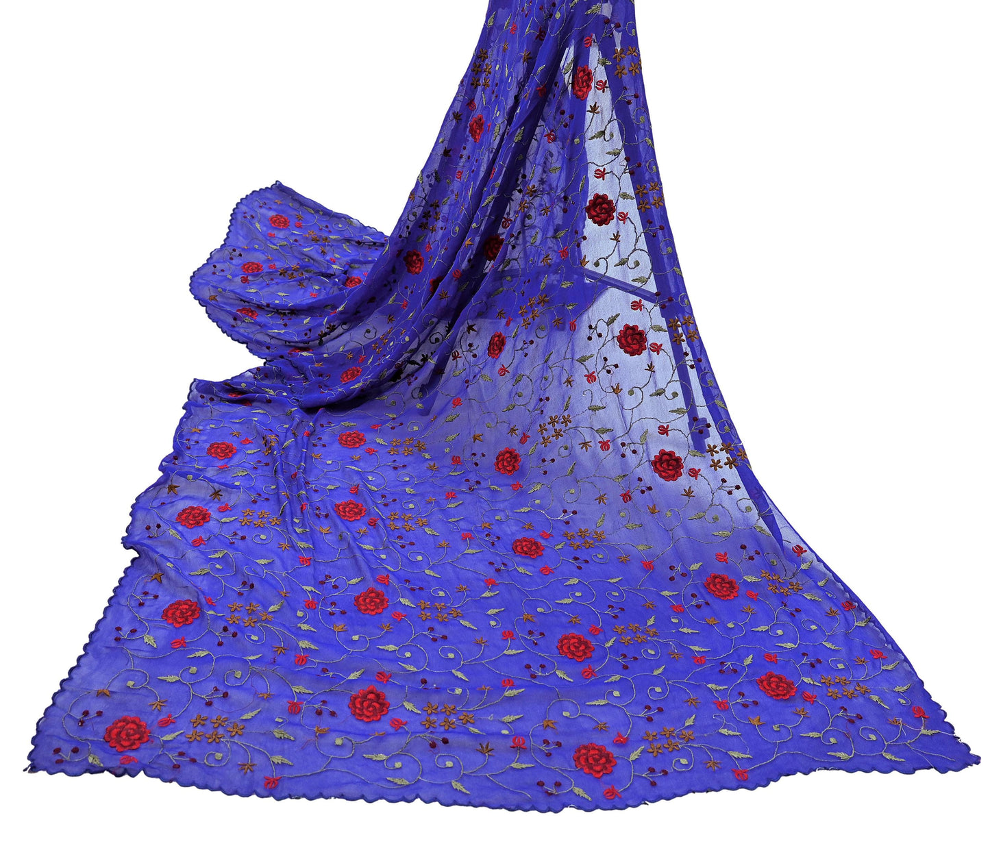 Indian Vintage Dupatta Blue Pure Georgette silk Long Stole Embroidered Scarves Stole Veil Wrap